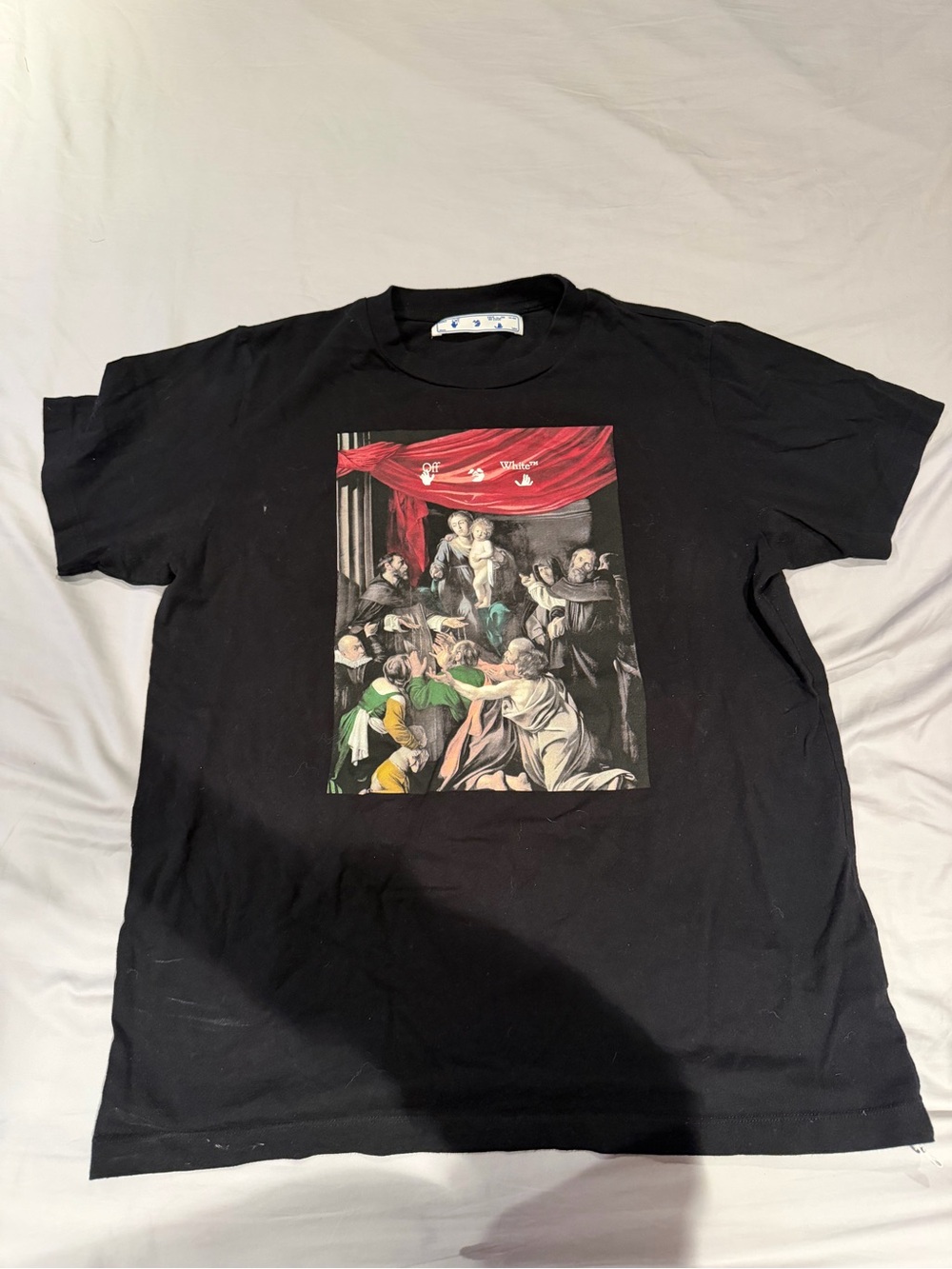 Off-White Black Crewneck Tee with Red Drapery and Multicolor Renaissance Print